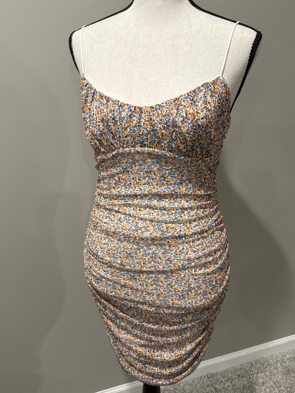 Garage Floral Ruched Cami Mini Dress in Blue, Mustard & Cream